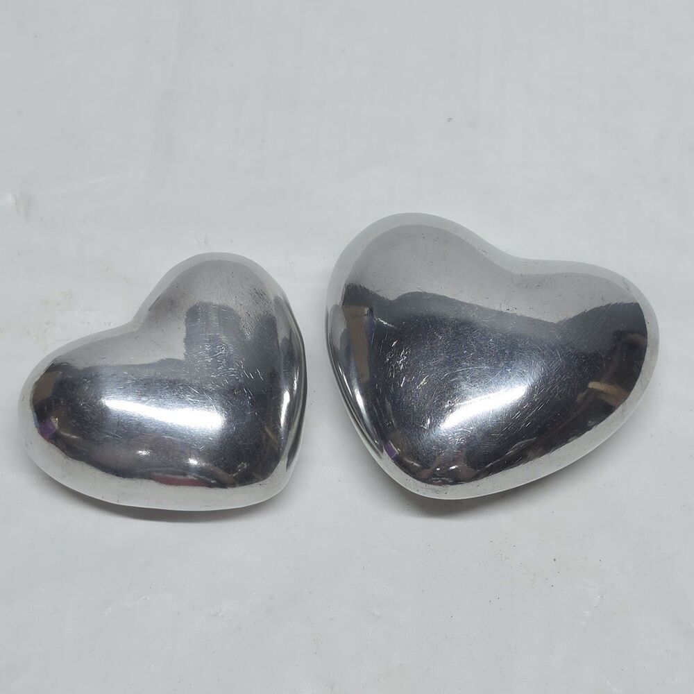 Vintage MCM Silver Tone Metal Heart Paperweight Set Of 2 Minimalist Romantic